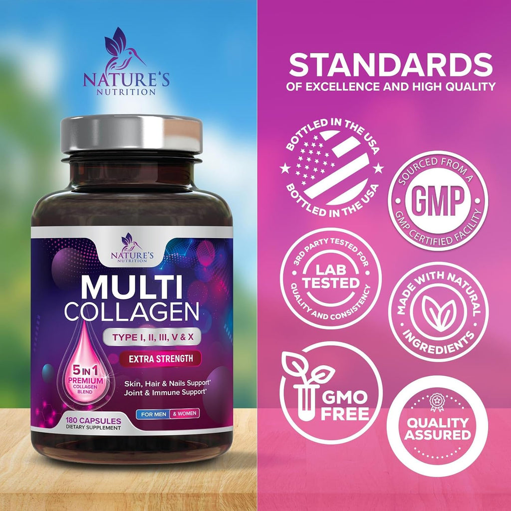 Multi Collagen Supplement 2400 mg - Types I, II, III, V & X Multi Collagen Peptides Pills for Women & Men, Hydrolyzed Collagen Supplements, Hair, Skin, Nail, & Joint Support Supplement - 180 Capsules