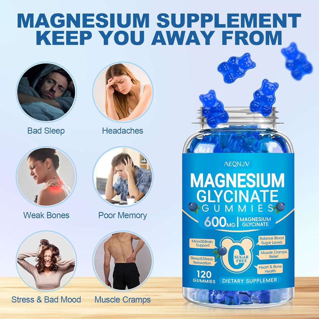 Magnesium Glycinate Gummies 600mg, Chewable Sugar Free Potassium Magnesium Gummies for Sleep, Body Support and Relaxation, Magnesium Supplements with Vitamin D, B6, and CoQ10 for Men & Women