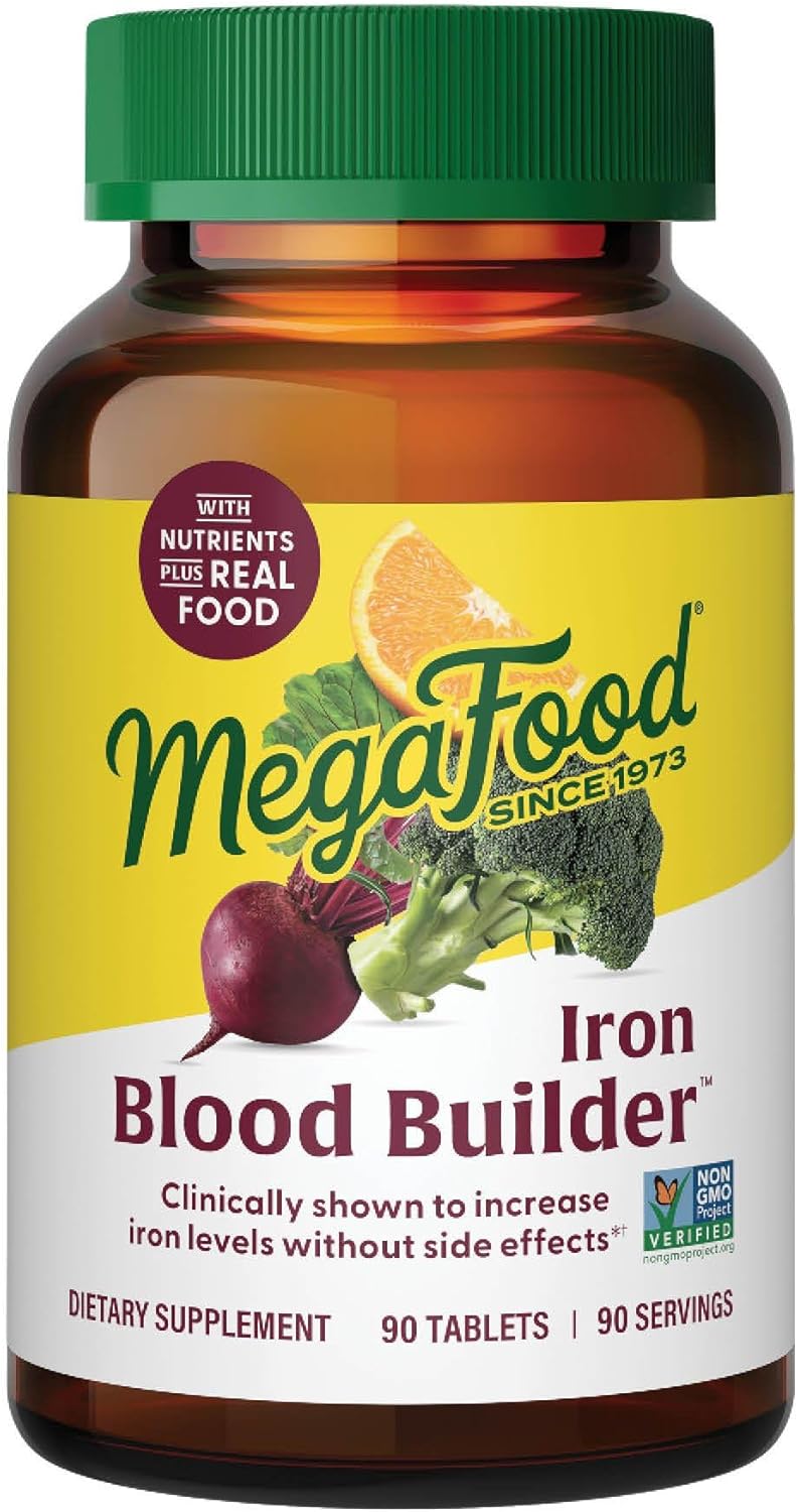 MegaFood Blood Builder Iron Supplement Clinically Shown to Increase Iron Levels Without Side Effects, Vegan Supplement For Women with Vitamin C, Vitamin B12 & Folic Acid, 90 Tablets