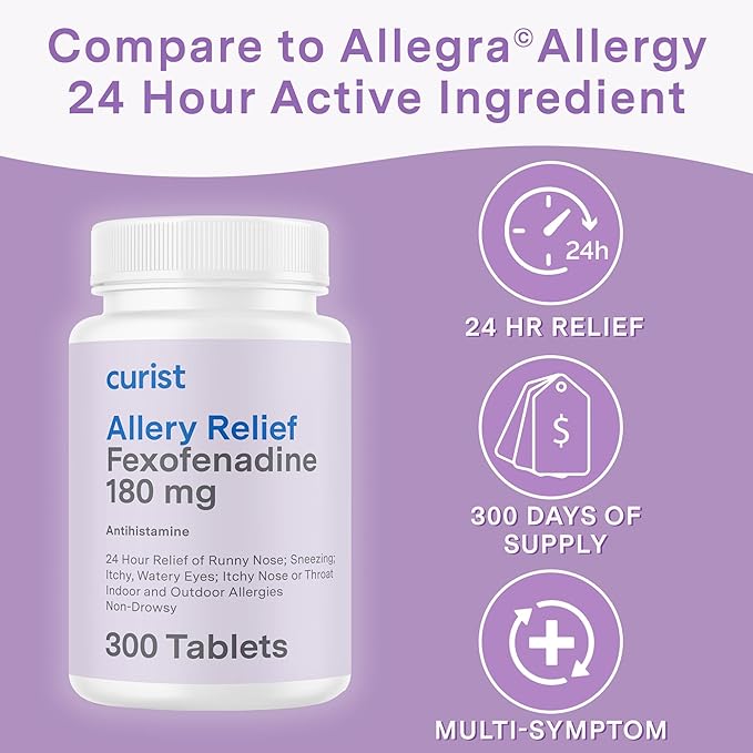 Curist Fexofenadine Hydrochloride 180mg (300 Tablets) - 24 HR Antihistamine Allergy Relief Tablets (300 Count) All Day Strength Generic Fexofenadine Bulk Non Drowsy Allergy Relief