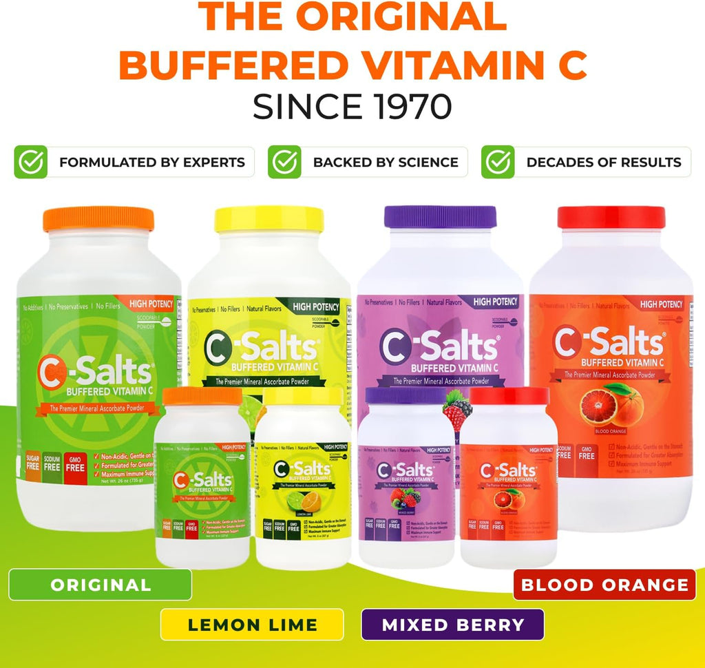 C-Salts Original Vitamin C Powder Supplement - 100% Pure High Dose Buffered Vitamin C Powder for Immune Support - Sugar-Free Powdered Drink Ascorbate, Organic, Stomach-Friendly, Original 8oz