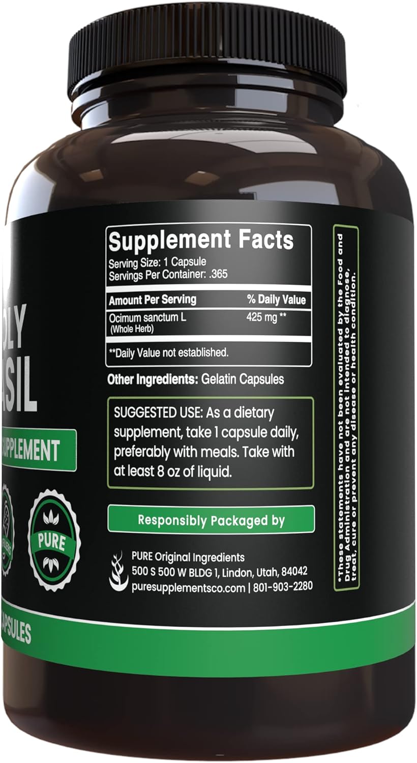PURE ORIGINAL INGREDIENTS Holy Basil (365 Capsules) No Magnesium Or Rice Fillers, Always Pure, Lab Verified
