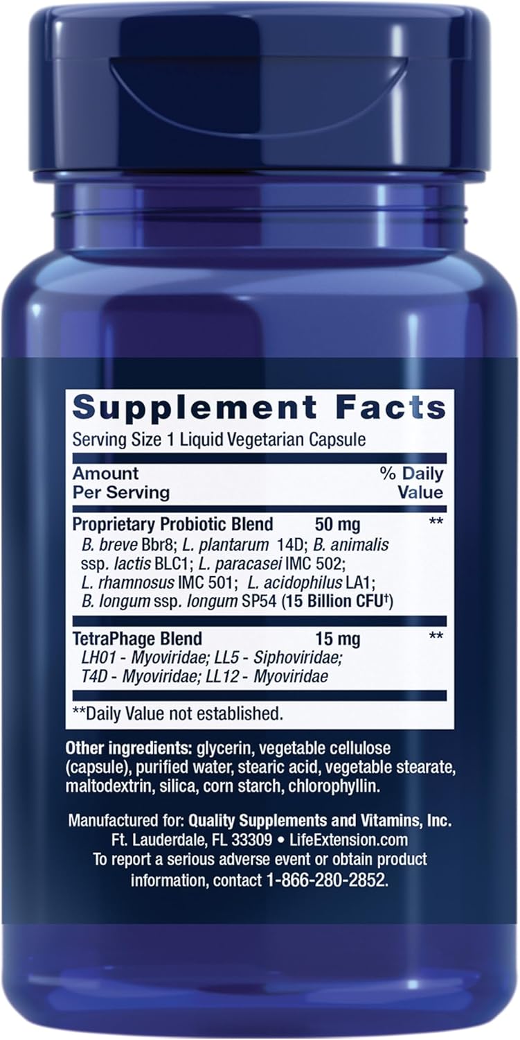 Life Extension FLORASSIST GI with Phage Technology, digestive health, probiotic support, nutrient absorption, 7 probiotic strains, bacteriophage blend, 30 liquid vegetarian capsules