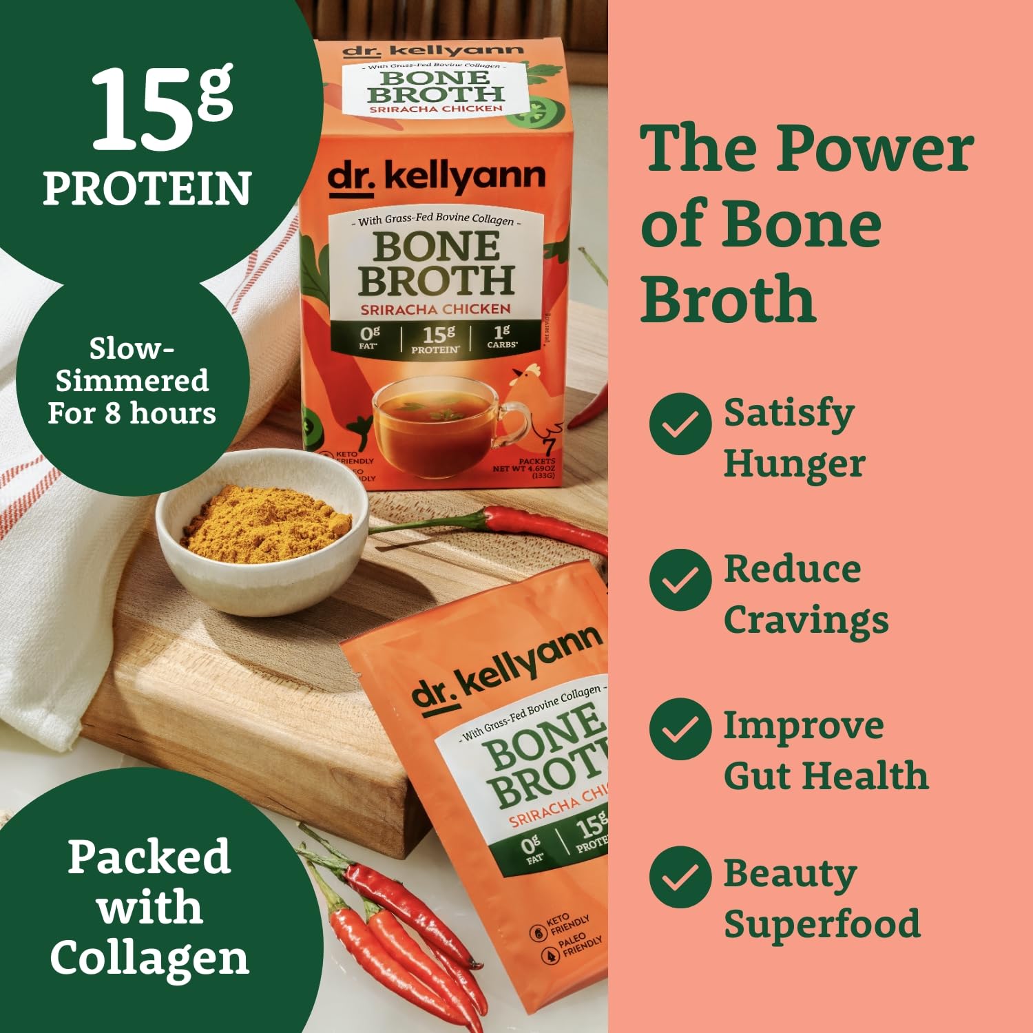 Dr. Kellyann Sriracha Chicken Bone Broth Packets (7 Servings) – 16g Protein, Grass-Fed Collagen, Keto & Paleo-Friendly, 1 Box