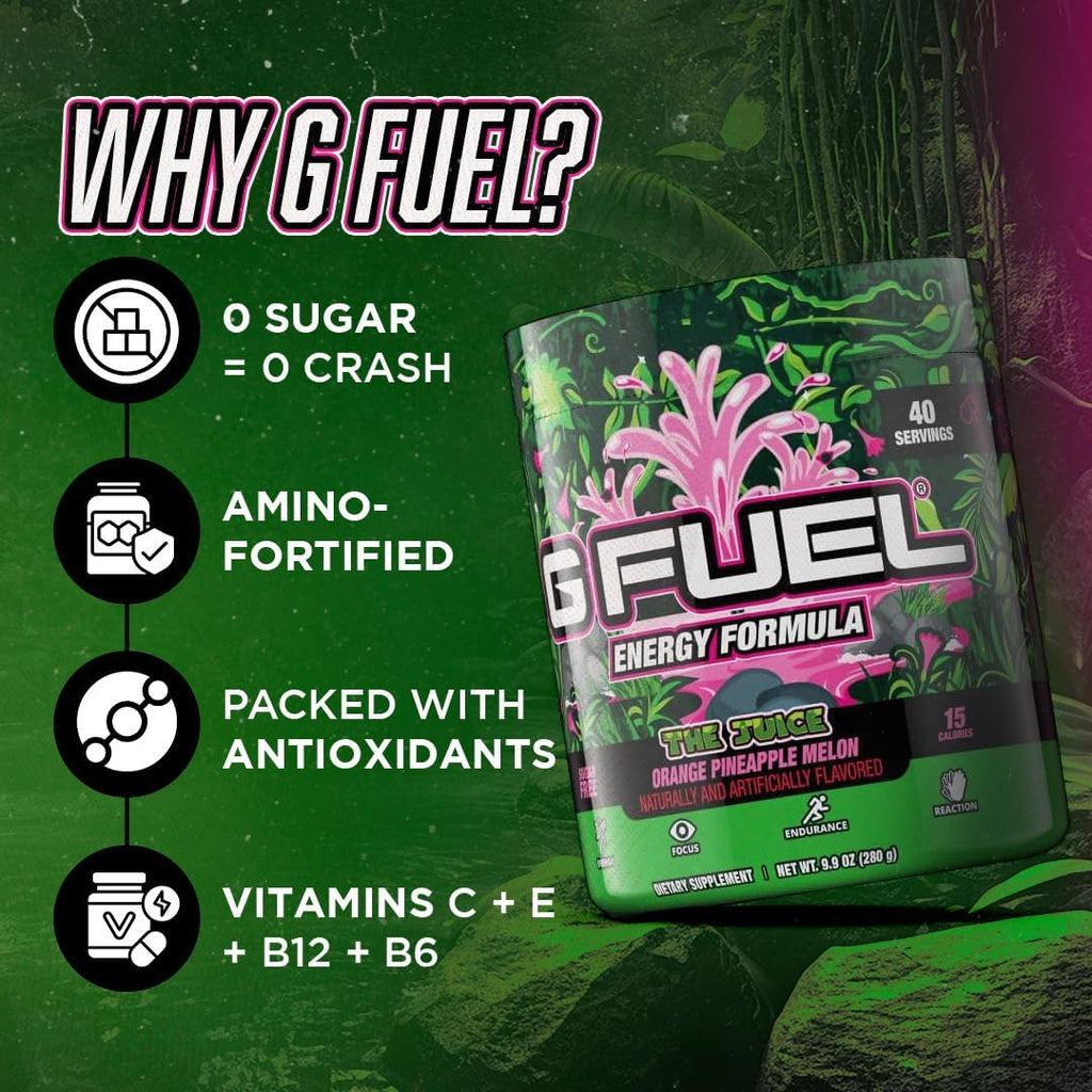 G Fuel The Juice Energy Drink Powder, Pre Workout Caffeine Mix for Gaming, Sugar Free Focus Amino, Vitamin + Antioxidants, 9.9oz (Pineapple & Melon Punch, 40 Servings)