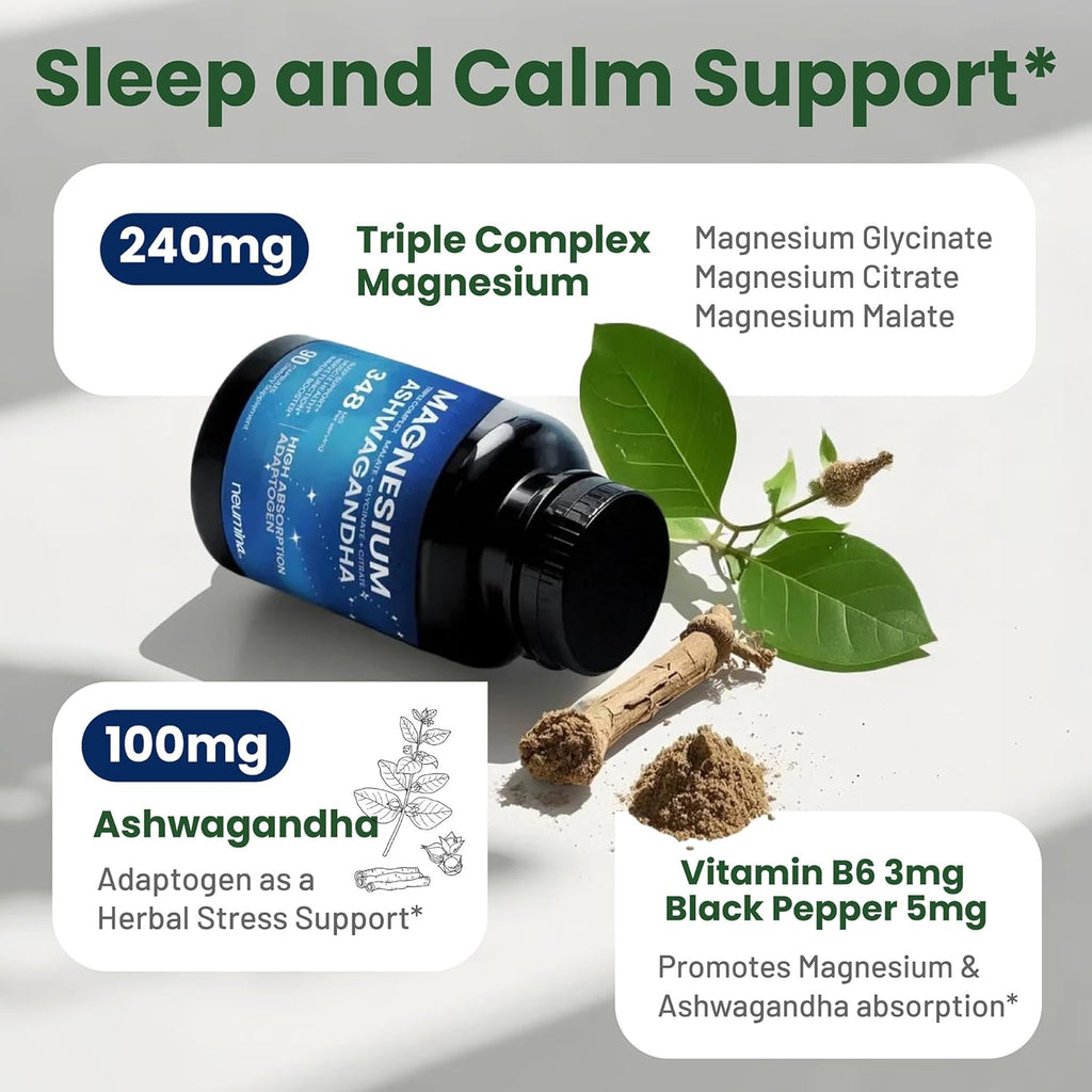 Magnesium Ashwagandha Complex | High-Absorption Multi Magnesium for Stress, Sleep, Muscle & Heart Health | Vegan, Non-GMO, Gluten-Free, Made in USA, 90 Capsules