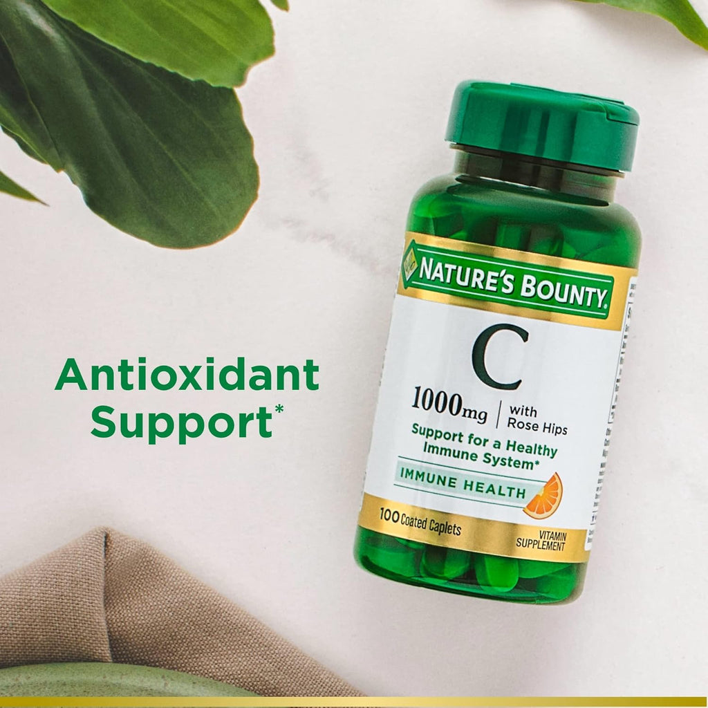 Nature’s Bounty Vitamin C + Rose HIPS, Immune Support, 1000mg Vitamin C, Coated Caplets, 1 Serving per Day, Vegetarian Caplets, 100 Ct