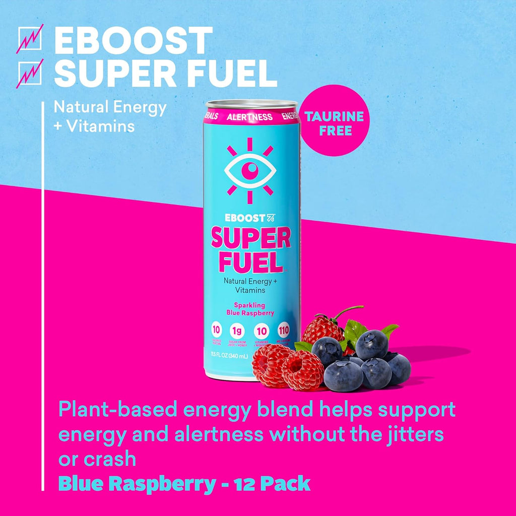 EBOOST Super Fuel Healthy Energy Drink - Caffeine from Natural & Clean Ingredients For Focus and Productivity -Taurine Free Pre-Workout With Electrolytes, Nootropic & Vitamins- Blue Raspberry 12 Pack