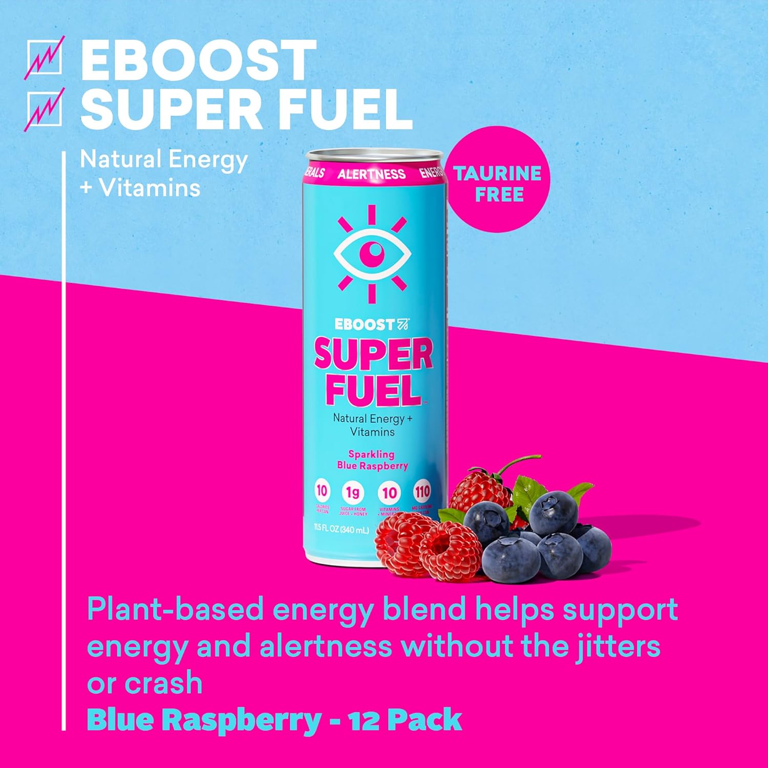 EBOOST Super Fuel Healthy Energy Drink - Caffeine from Natural & Clean Ingredients For Focus and Productivity -Taurine Free Pre-Workout With Electrolytes, Nootropic & Vitamins- Blue Raspberry 12 Pack