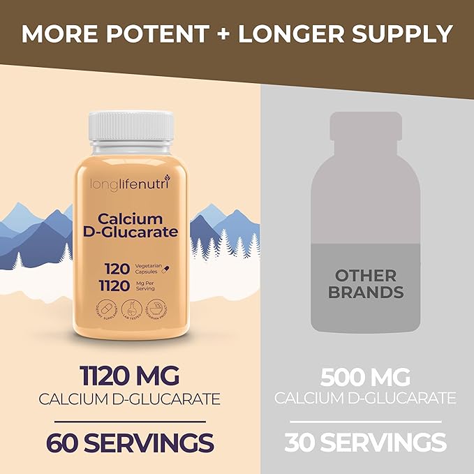Calcium D-Glucarate - 120 Vegetarian Capsules, 2-Month Supply, 1120mg per Serving for Detox Support & Internal Balance, Non-GMO, Gluten Free, Made in USA, GMP Certified