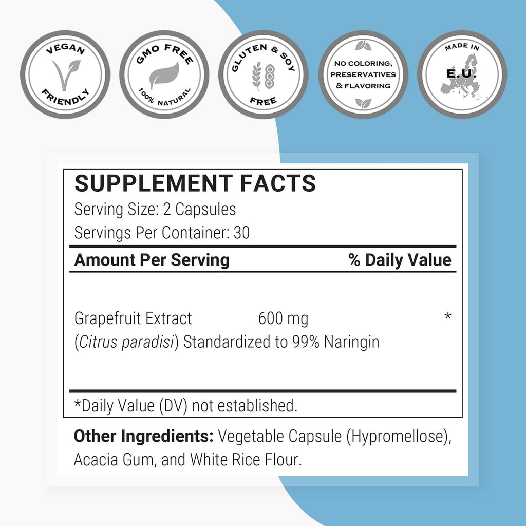 Supersmart - Grapefruit Extract 600mg per Day (99% Naringin) - High Potency GSE Supplement | Non-GMO & Gluten Free - 60 * 3 Vegetarian Capsules