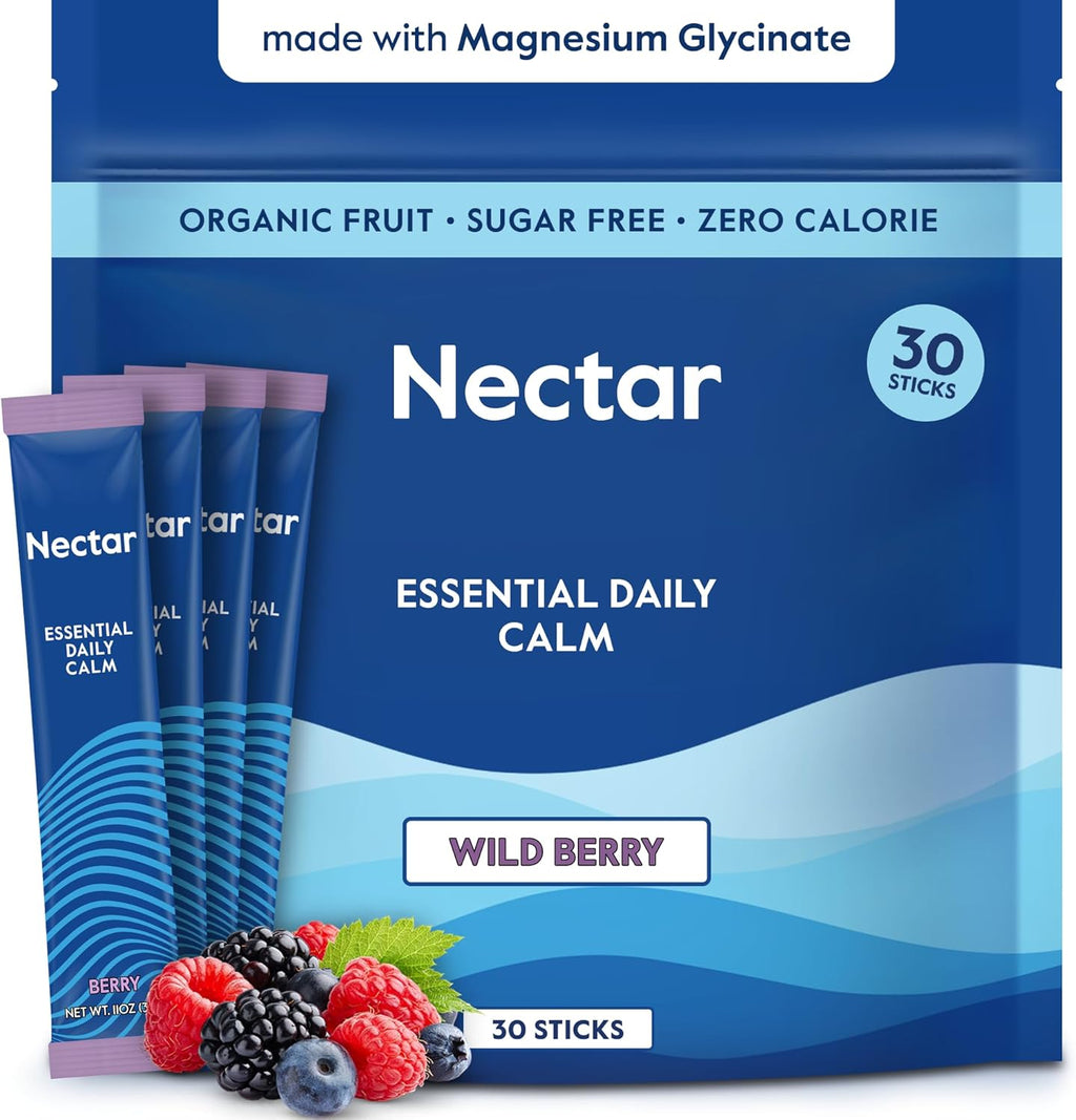 Nectar Calm Magnesium Glycinate Drink Mix - Sugar Free & Zero Calorie - with Organic Ashwagandha, Vitamin D, L-Theanine, Hydrating Electrolytes - Relax, Focus & Calm - Non-GMO (Berry 30 Sticks)
