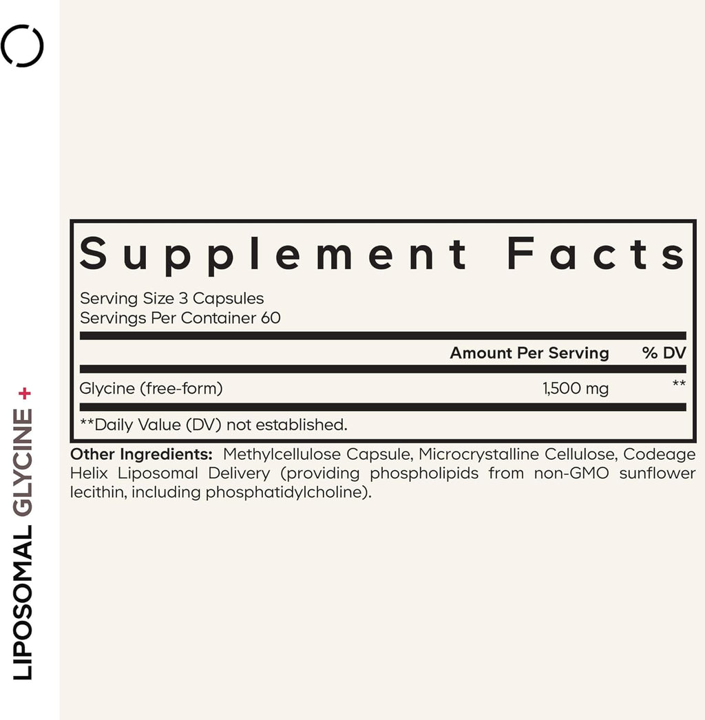 Codeage Liposomal Glycine+ Supplement - Free-Form Glycine 1,500 mg with Liposomal Delivery - 2-Month Supply - Amino Acid Capsules - Protein Support - Glycine Vitamins - 180 Capsules