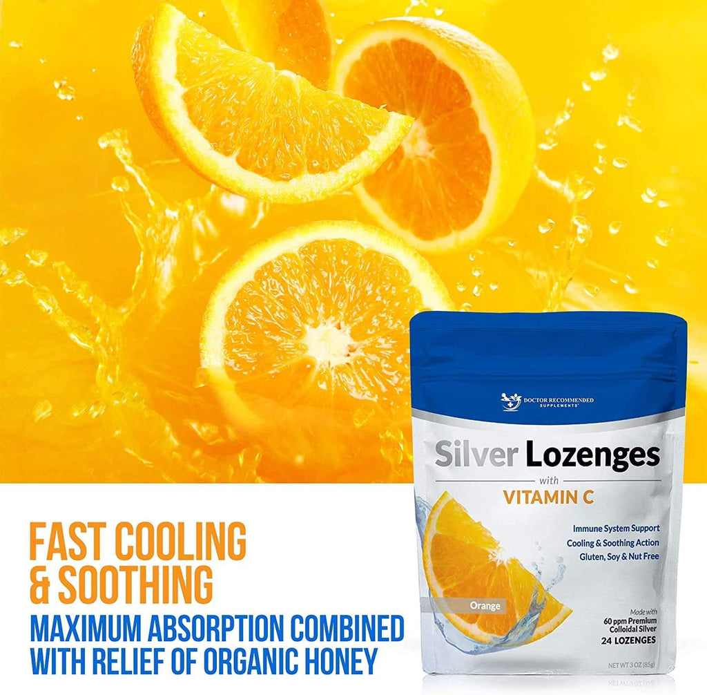 Silver Lozenges with Vitamin C - Premium Nano Silver 60 PPM Colloidal Silver, Organic Honey and Vitamin C Mineral Supplement Drops to Support Immune System, Soothe Cough & Throat - Pack of 4