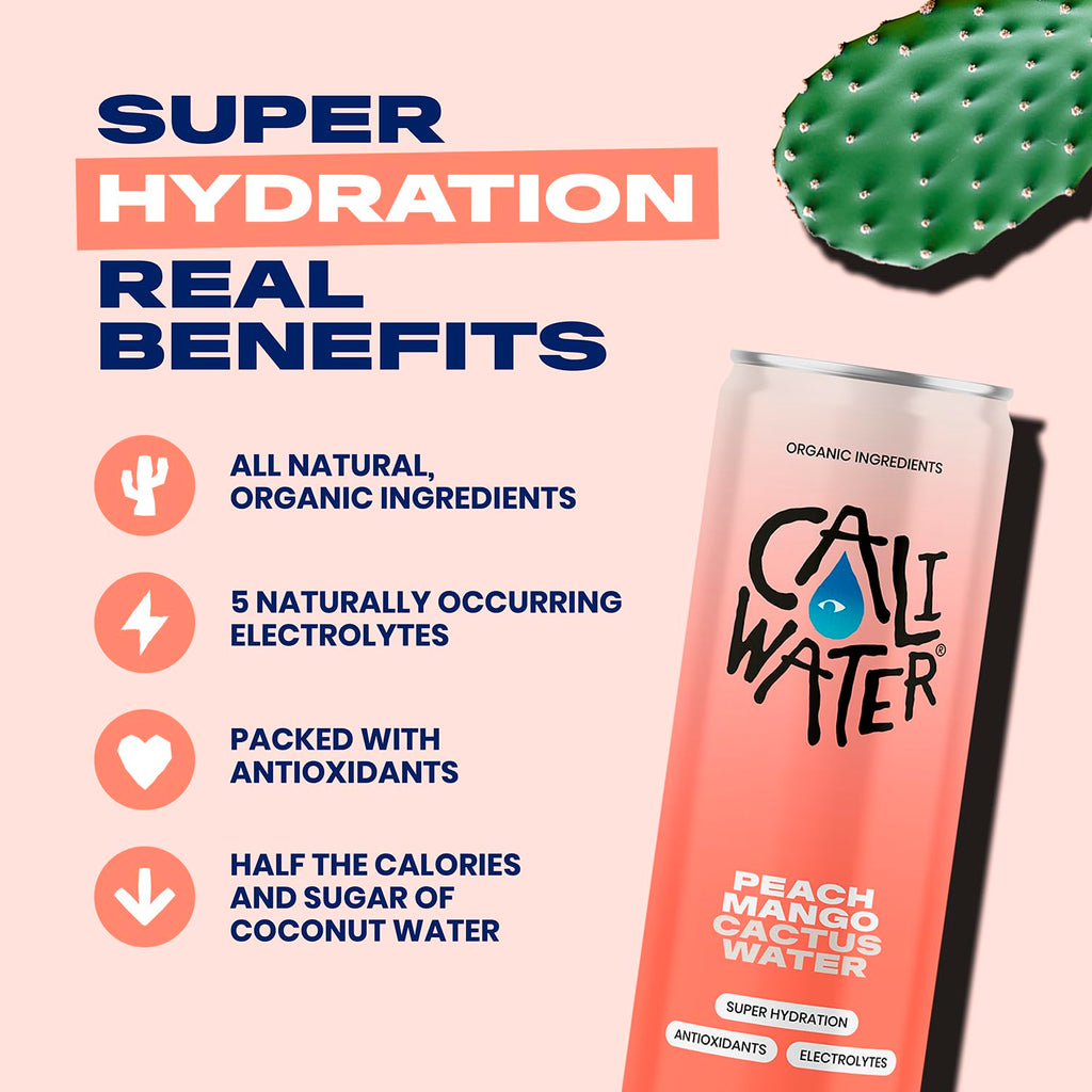 Caliwater - Organic Cactus Water - Peach Mango - 6g Sugar, 30 Calories - Coconut Water Alternative - Natural Plant Based Hydration - Skin Care, Electrolyte Drinks - Flavored Water - 12 Cans