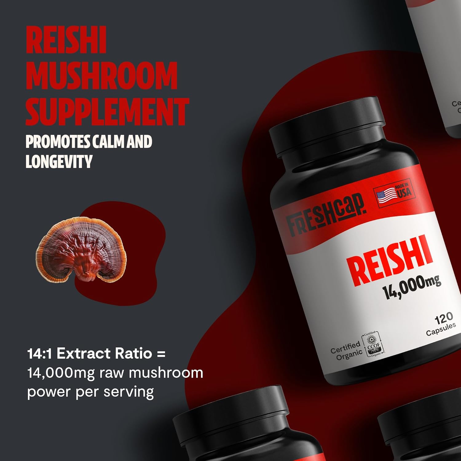 FreshCap Mushrooms Reishi Mushroom Supplement 14,000mg - Reishi Mushroom Capsules Extract, Supplements Herbal Supplements, Ayurveda Nootropic Red Reishi Supplement (120 Capsules)
