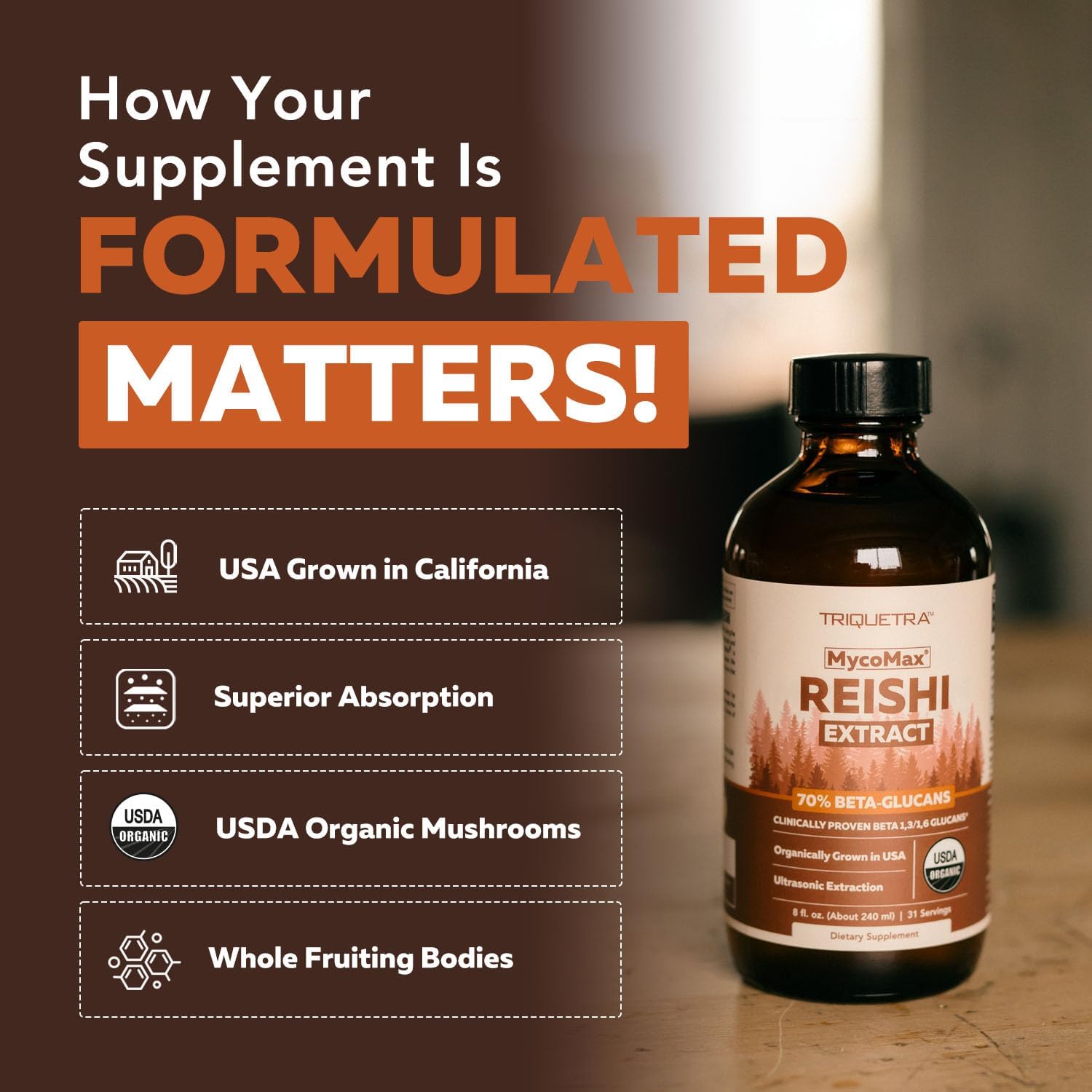 Organic Reishi Mushroom Extract - 70% Beta Glucans - Highest Active Nutrient Levels, Max Potency Cordyceps Tincuture, US Grown + Ultrasonic Extraction - Energy, Immunity, Sleep and Stress - 8 oz.