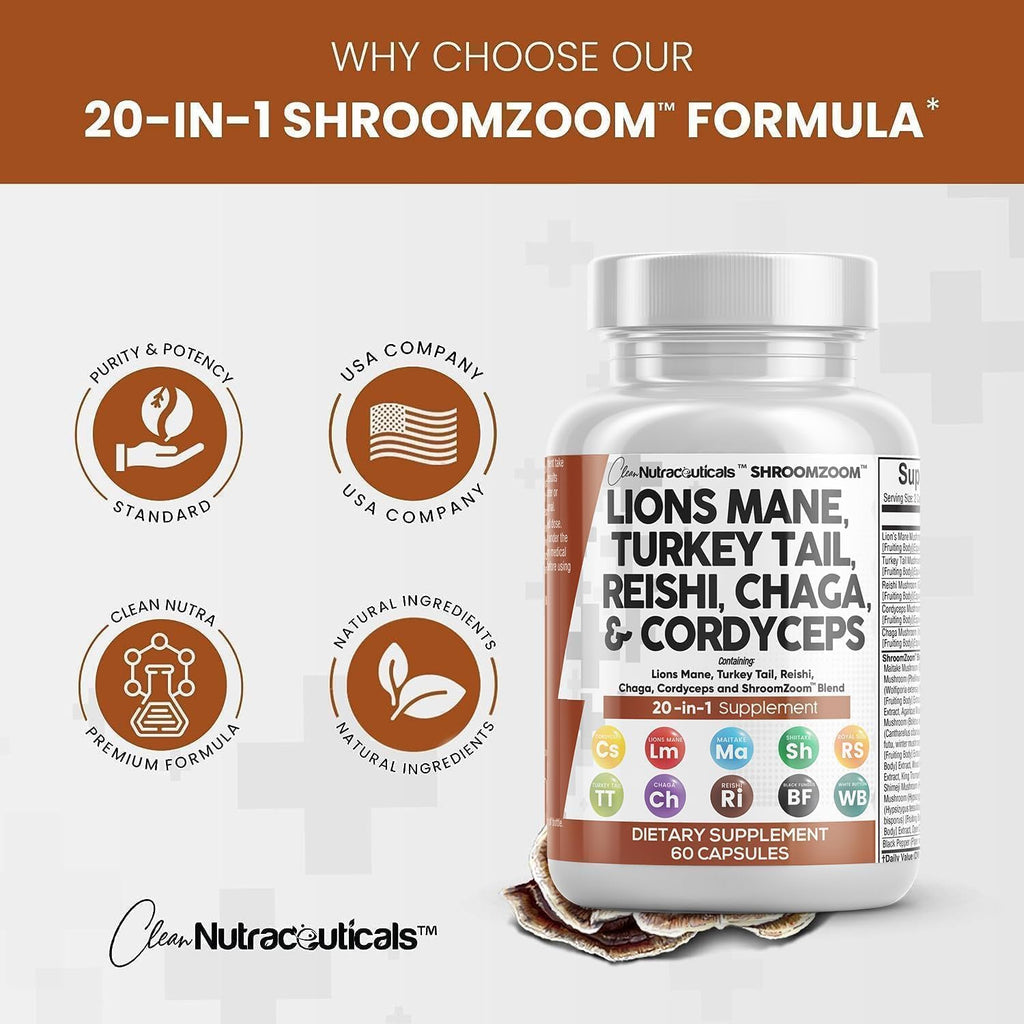 Clean Nutraceuticals Lions Mane 20in1 Mushroom Supplement with Turkey Tail Reishi Cordyceps Chaga Maitake Meshima Poria Cocos Shiitake Oyster Porcini Enoki - 3Pack