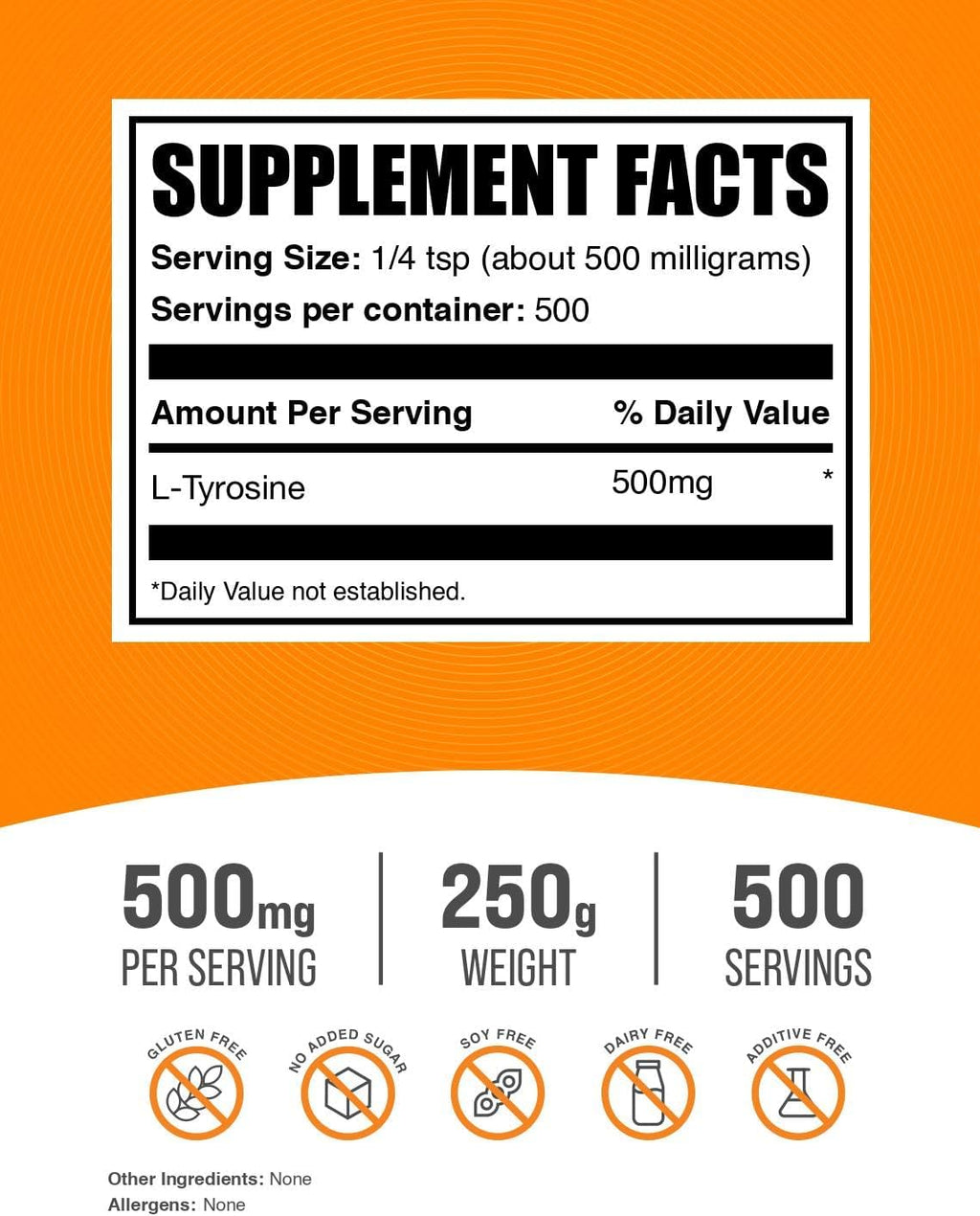 BulkSupplements.com L-Tyrosine Powder - Sports Nutrition, Amino Acid Supplement - Unflavored & Gluten Free, 500mg per Serving, 250g (8.8 oz) (Pack of 1)