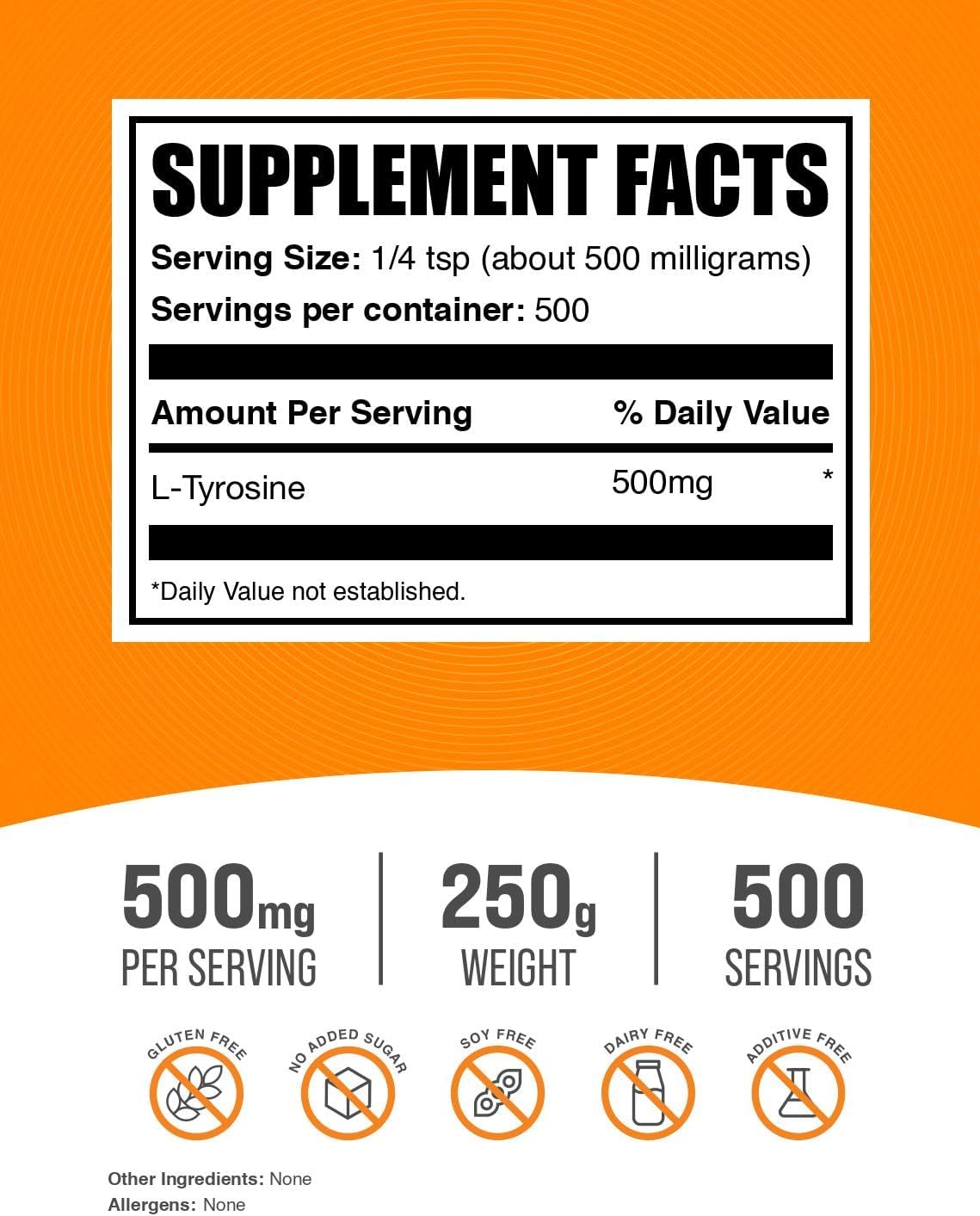 BulkSupplements.com L-Tyrosine Powder - Sports Nutrition, Amino Acid Supplement - Unflavored & Gluten Free, 500mg per Serving, 250g (8.8 oz) (Pack of 1)