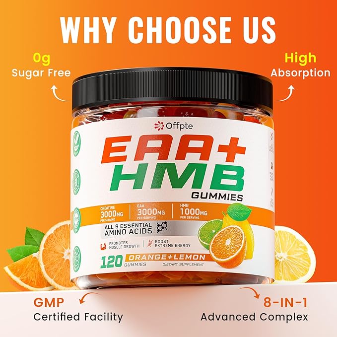 EAA Gummies for Men Women, 120 Ct Essential Aminos Acids (EAA)Supplements and All Branched-Chain Aminos (BCAAs)with HMB,Creatine Monohydrate,Electrolytes for Muscle Relief & Growth,Orange-Lemon