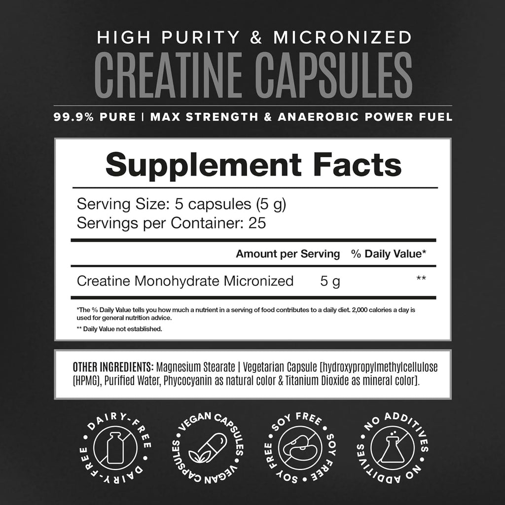 Micronized Creatine Monohydrate Capsules for Muscle Growth & Recovery, Pre & Post Workout, Vegan Creatine, Caffeine Free, Gluten Free, Sugar Free | 25 Servings | 125 Capsules