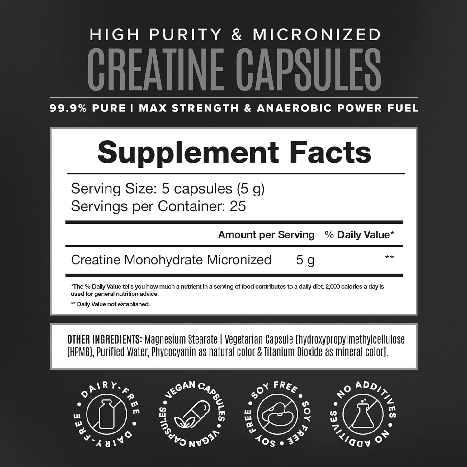 Micronized Creatine Monohydrate Capsules for Muscle Growth & Recovery, Pre & Post Workout, Vegan Creatine, Caffeine Free, Gluten Free, Sugar Free | 25 Servings | 125 Capsules