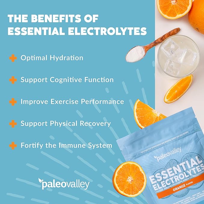 Paleovalley Essential Electrolytes Powder - Full Spectrum Orange Electrolyte Powder for Hydration, Energy and Muscle Recovery - No Sugar Added