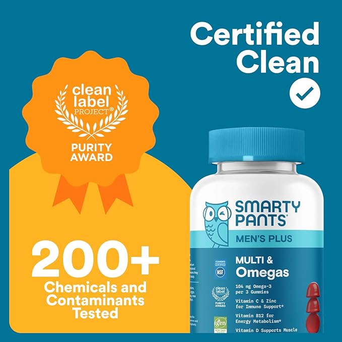 SmartyPants Men's Multivitamin Gummies - Improved Formula: Omega 3 (DHA/EPA), Methylfolate, Vitamin D3, C, Vitamin B12, B6, Vitamin A, K, Zinc & Selenium, Gluten Free, 90 Count (30 Day Supply)
