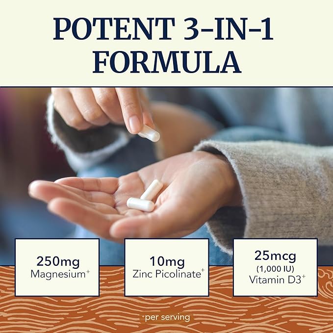 Magnesium Zinc & Vitamin D3 | 260MG Complex | High Absorption Mag Citrate, Glycinate & Malate | Muscle, Nerve Function & Bone Health Support | Zinc and Magnesium Supplement with VIT D3 | 60 Ct.