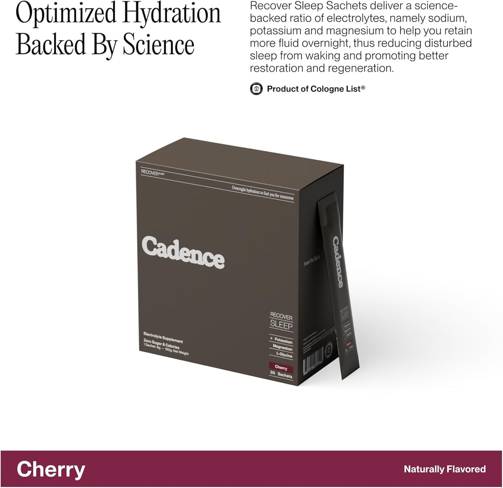 Cadence Sachets Recover Cherry - Carton (5g x 30) Science-Backed Overnight Hydration & Sleep Blend | Zero Caffeine | Vegan, Keto & Paleo Friendly | Sodium, Potassium & Magnesium for Recovery