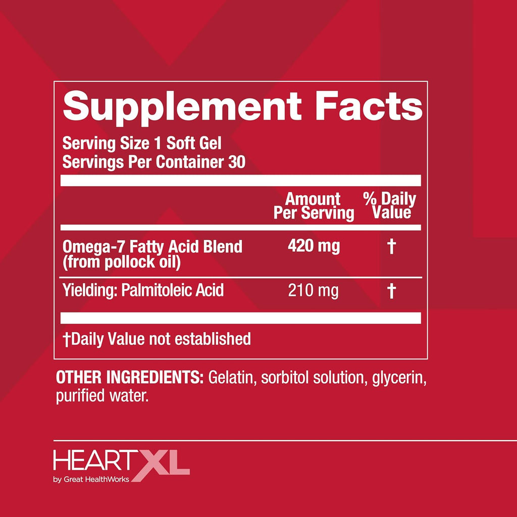 HeartXL High Potency Omega-7 Blend Cardiovascular Health Support - Promotes Healthy Metabolism - Gluten-Free Heart Health Supplement - 30 Soft Gels