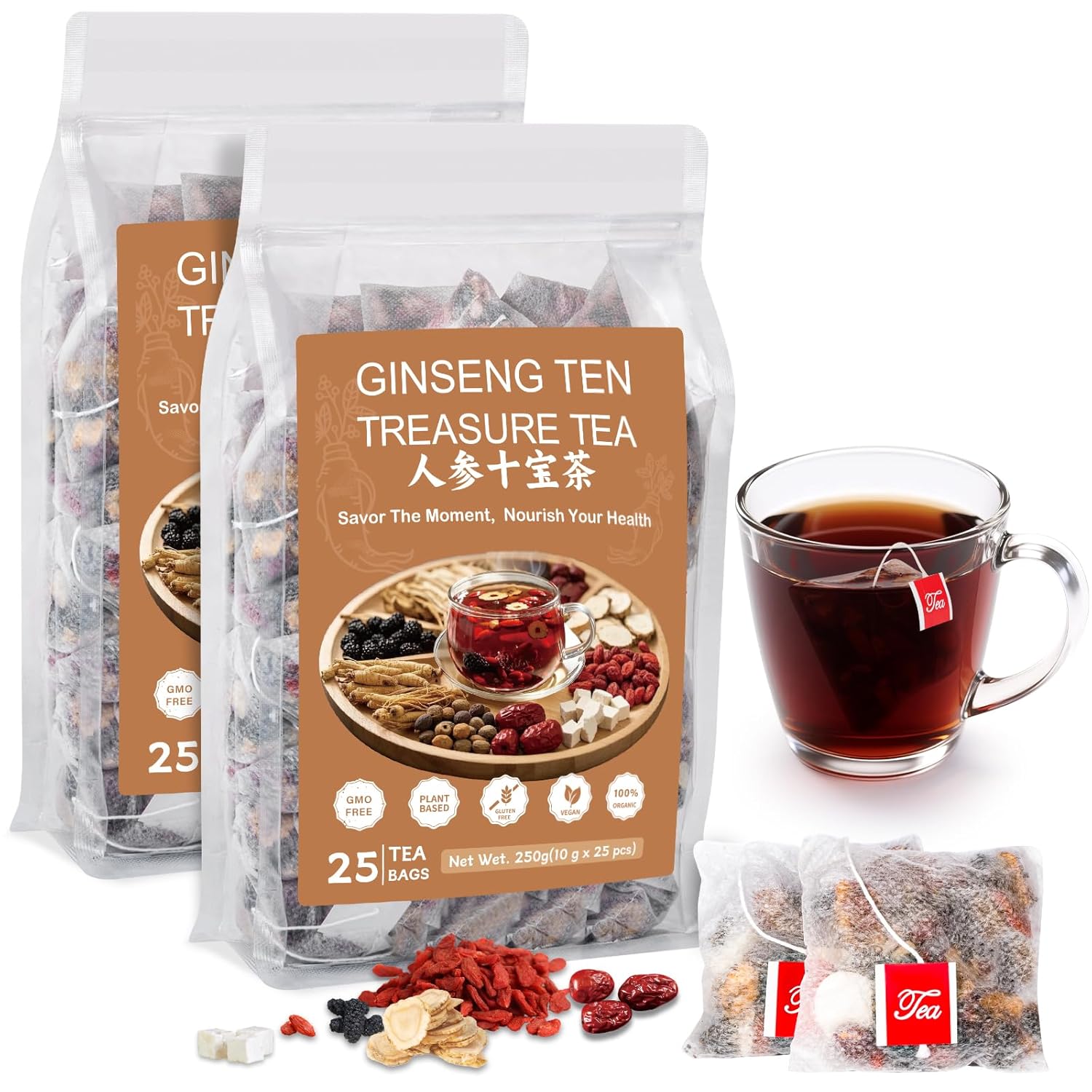 Ginseng Ten Treasure Tea, Natural Chinese Herbal Kidney Cleanse Detox Tea Support Liver & Kidneys Health for Men Women, No Additives, Caffeine Free, 10 Premium Ingredients Blend（50 Bags/2 Pack)