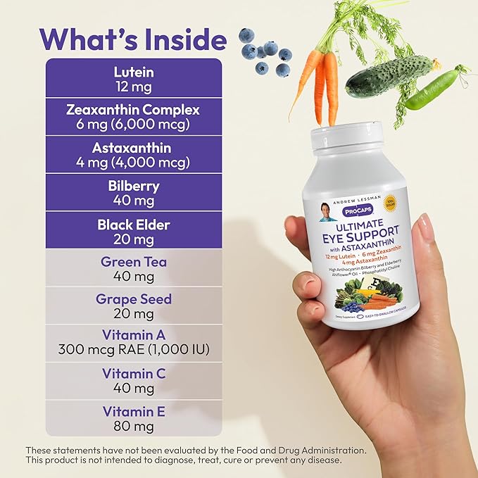 ANDREW LESSMAN Ultimate Eye Support with Astaxanthin 180 Softgels - 12mg Lutein, 6mg Zeaxanthin, 4mg Astaxanthin, Bilberry. Key Nutrients to Support Eye Health, Promote Healthy Vision. No Additives