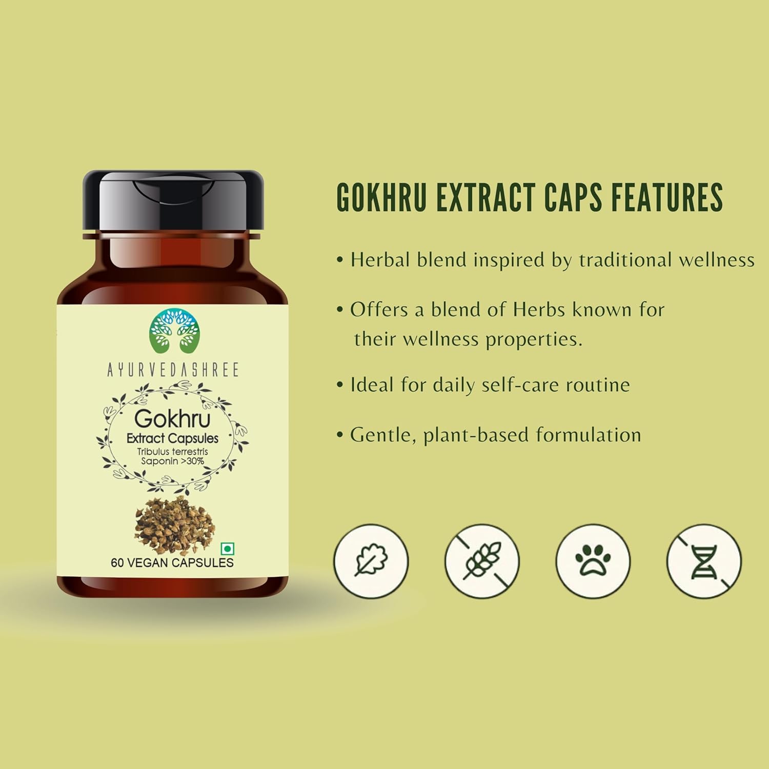 Gokhru Extract 500mg - 60 Vegetarian Capsules|Tribulus Terrestris| All Natural | 100% Vegan | Gluten-Free | GMP Certified