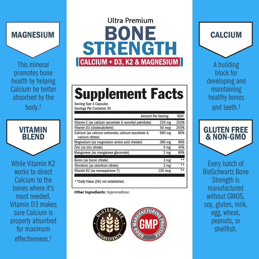 High Absorption Bone Strength Supplement - Gentle Non-Constipating Bone Health Supplement for Women & Men with 9-in-1 Complex with Calcium Magnesium Zinc D3 K2 & More - 3rd Party Tested - 1 Month