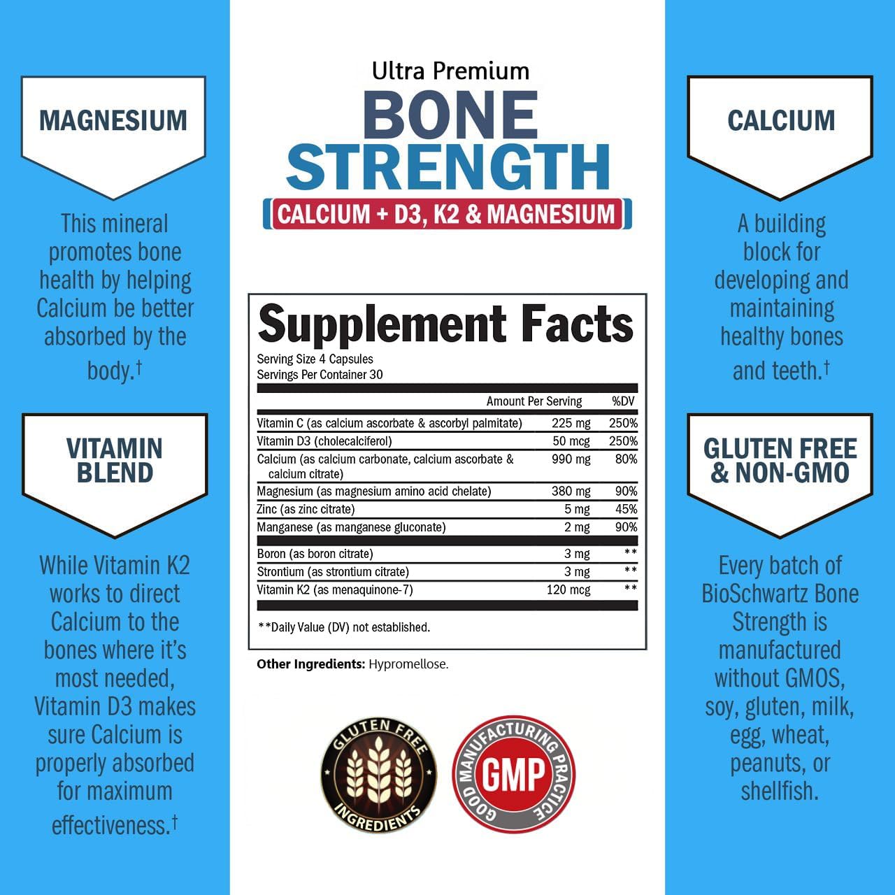 High Absorption Bone Strength Supplement - Gentle Non-Constipating Bone Health Supplement for Women & Men with 9-in-1 Complex with Calcium Magnesium Zinc D3 K2 & More - 3rd Party Tested - 1 Month