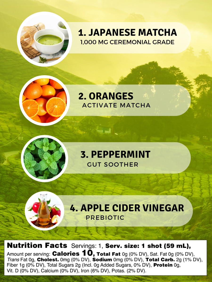 Elixir Shots Energy Wellness Shot with 100% Organic Ingredients, Matcha, Orange, Peppermint, Apple Cider Vinegar, Cold Pressed, No Added Sugars or Artificial Ingredients, 12-Pack