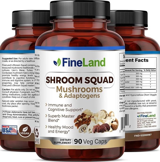 FineLand Shroom Squad 5-Mushroom Master Blend - 1500mg Complex with Lion’s Mane, Reishi, Cordyceps, Chaga & Turkey Tail - Enhanced with BioPerine - Cognitive, Immune & Energy Support - 90 Veggie Caps