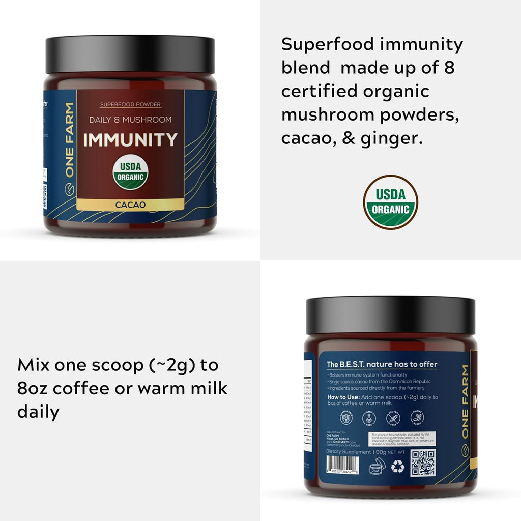 Organic 8 Mushroom Immunity Powder, Non-GMO - Turkey Tail, Chaga, Cordyceps, Shiitake, Reishi, Maitake, Lion's Mane, and Mesima - Vegan Mushroom Supplement in a Resealable Glass Jar