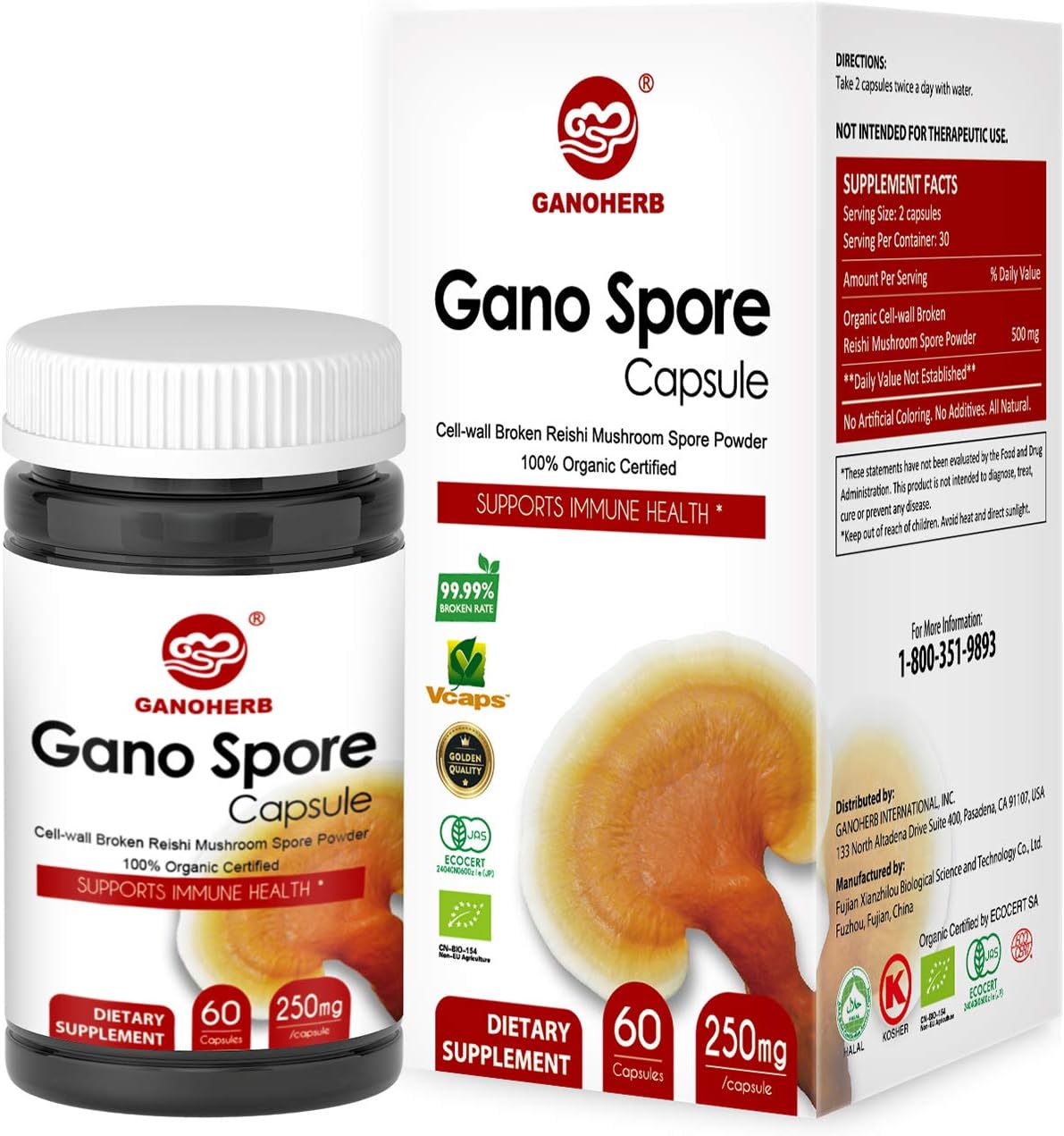 Organic Reishi Mushroom Capsules with 100% Ganoderma Lucidum Reishi Spore Powder for Boost Immune System, Vegan, All Natural, Non-GMO & Gluten Free, 60 Veggie Capsules