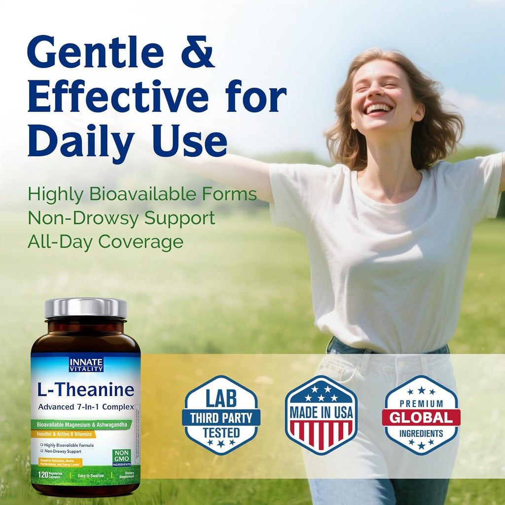 Innate Vitality L-Theanine Supplement 200 mg, Ashwagandha, Magnesium Glycinate, Inositol, Vitamin B6, Non-GMO, Hormone Harmony, Relaxation, Mental Performance and Energy Support, 120 Capsules