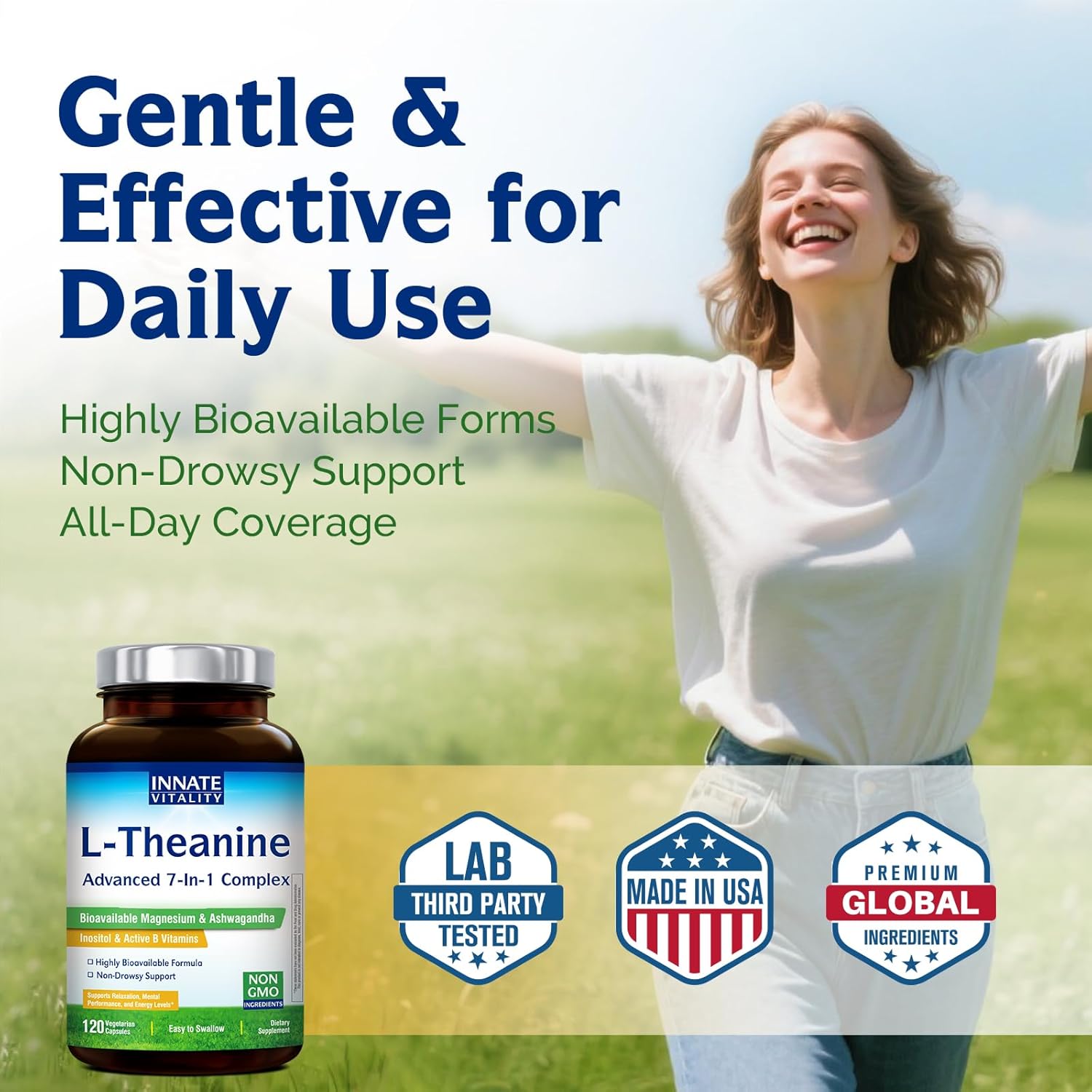 Innate Vitality L-Theanine Supplement 200 mg, Ashwagandha, Magnesium Glycinate, Inositol, Vitamin B6, Non-GMO, Hormone Harmony, Relaxation, Mental Performance and Energy Support, 120 Capsules
