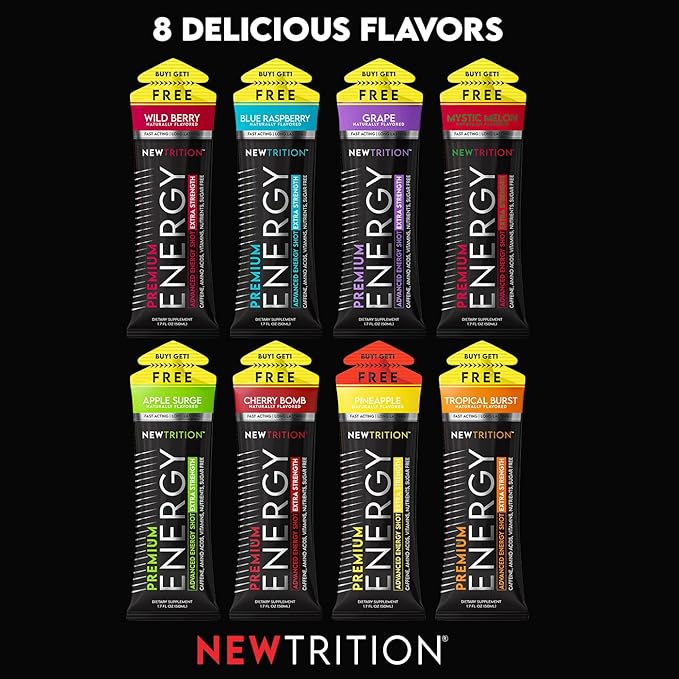 NewTrition® Extra Strength Energy Shots 1.7 fl oz - 250mg Caffeine with B Vitamins & Amino Acids, Sugar-Free Zero Calorie Vitamin Energy Drink for Focus & Endurance (Pack of 12, 4 Flavors - Mixed 2)