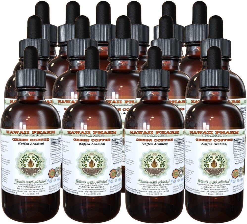 Green Coffee Alcohol-Free Liquid Extract, Green Coffee (Coffea Arabica) Dried Bean Glycerite Hawaii Pharm Natural Herbal Supplement 15x4 oz