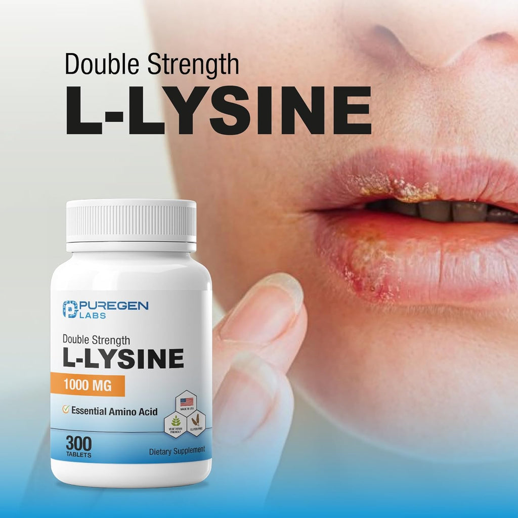 Puregen Labs L-Lysine Extra Strength 1000 MG per Tablet - 300 Servings | High Potency, Immune and Collagen Synthesis Support, Non-GMO, NO Gluten and Dairy - 300 Tablets Made in USA