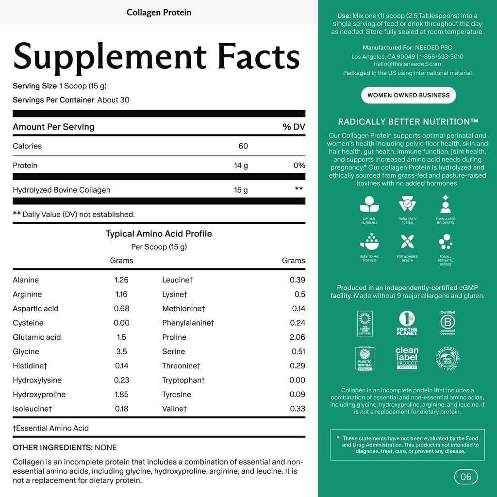 Needed. Prenatal Hydrolyzed Collagen Protein Powder – Expert-Backed & Clean Sourced | Supports Skin, Hair, Joints, and Tissue Recovery in Pregnancy | Grass-fed, Pasture-Raised, Hormone-Free | 1lb