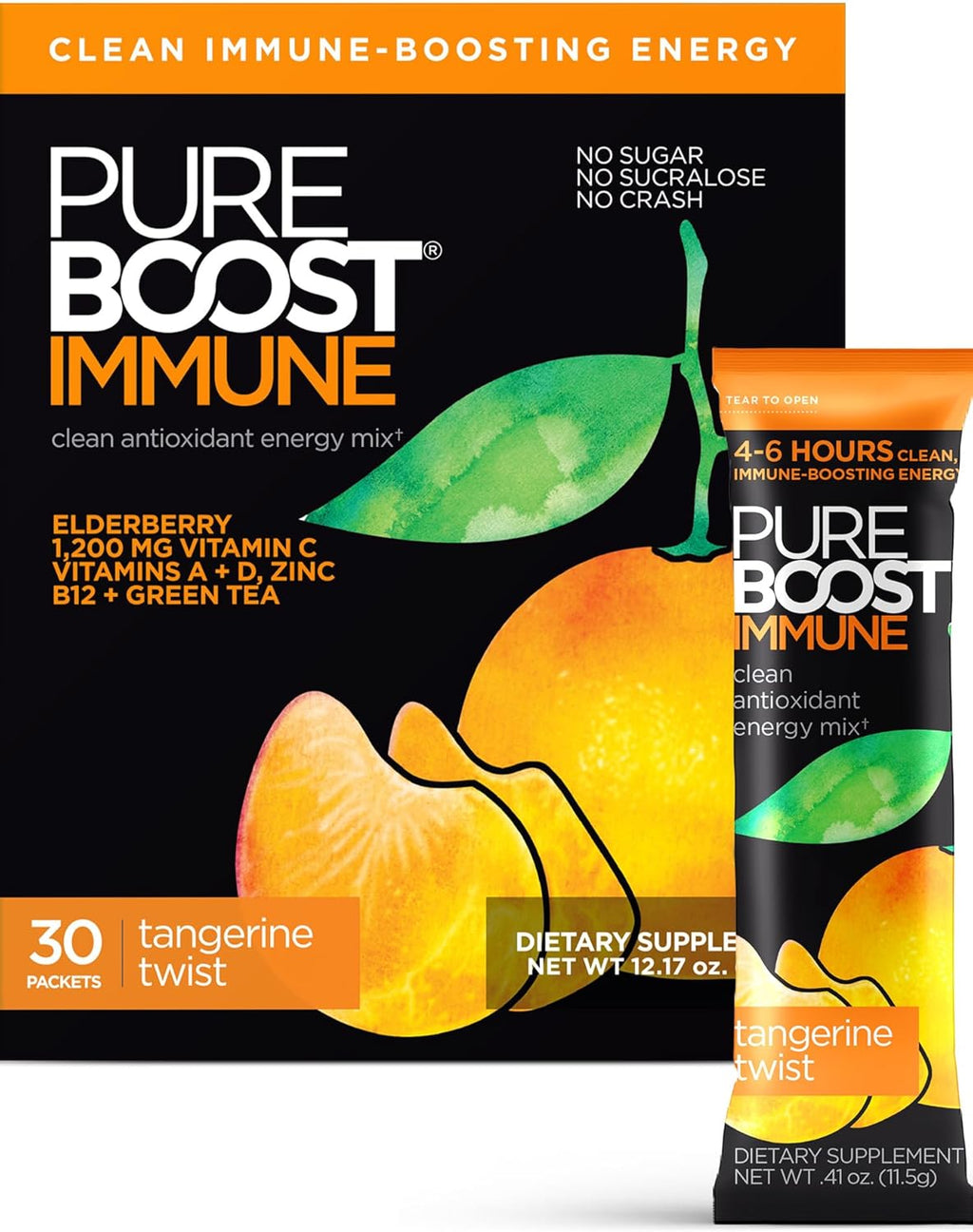 Pureboost Immune Clean Energy Booster, Refreshing Energy Drink Mix and Immunity Supplement with Elderberry, 1,200 mg Vitamin C, Vitamins A + D, and Zinc. (Tangerine Twist, 30 Count)