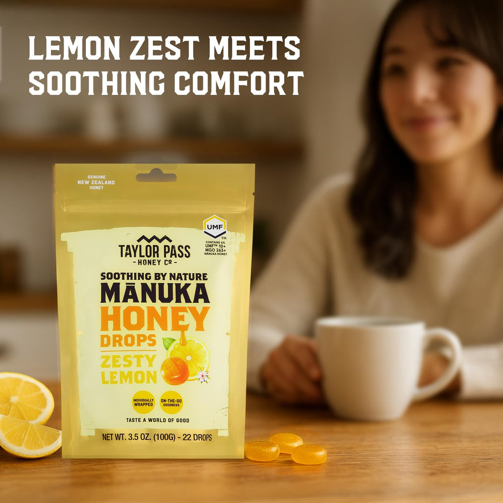Taylor Pass Honey Co Mānuka Honey Drops UMF™ 10+| Zesty Lemon | Mānuka Honey Lozenges | Soothing Natural Manuka On-The-Go | 22 Individually Wrapped Drops | Made in New Zealand