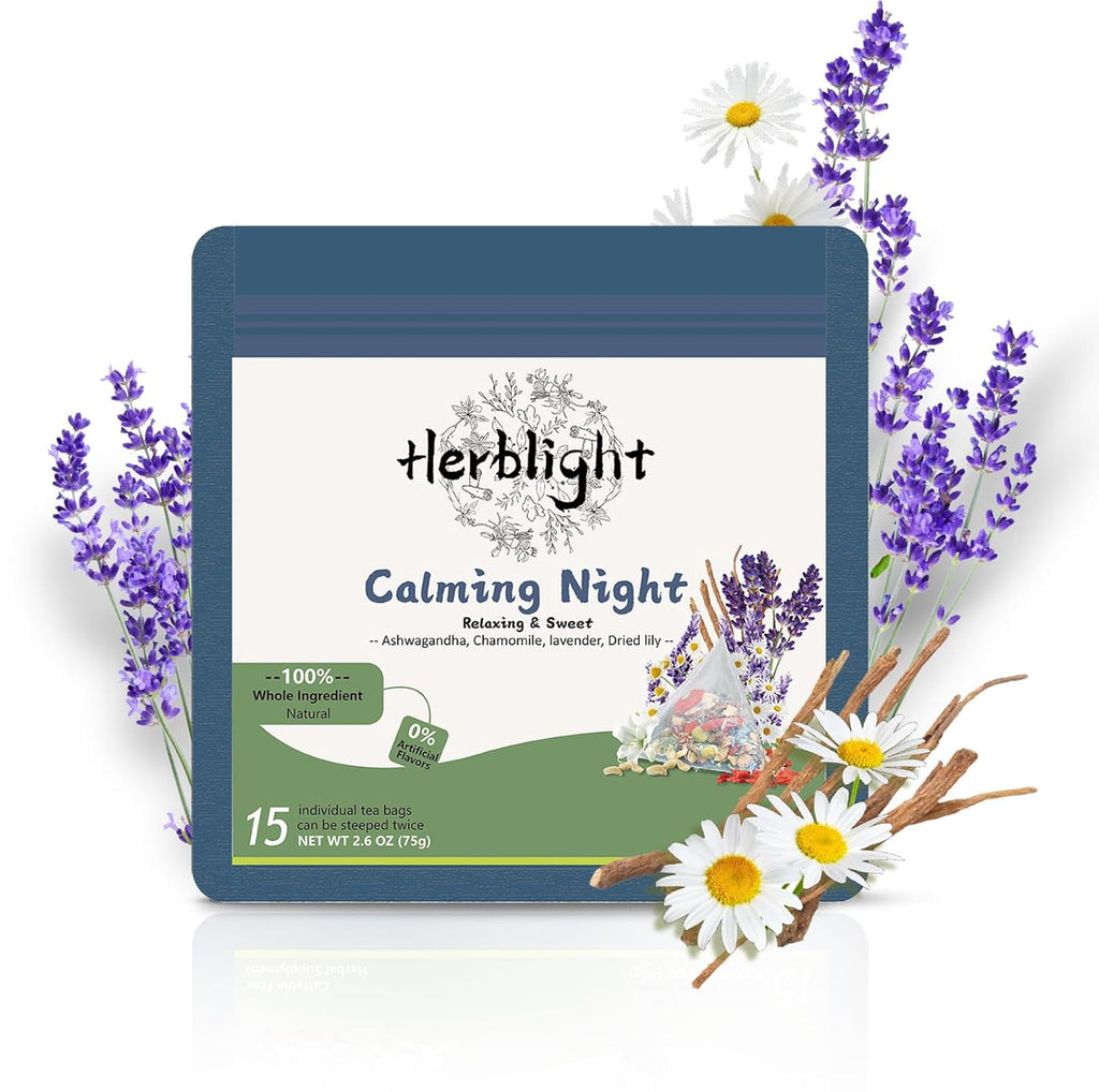 HerbLight Nighty Night Extra Tea – Extra Strength Sleep Tea with Ashwagandha, Valerian Root & Lavender, Caffeine-Free Herbal Bedtime Blend, 15 Bags of Visible Whole Herbs (2.6oz)